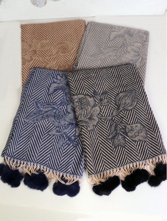 Cashmere Feeling Zig Zag & Rose Scarf with Pom-Poms